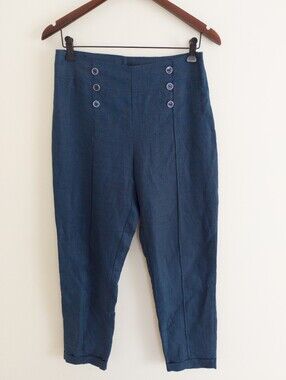 Maloka Paris Navy Blue 100% Linen High Rise Sailor Pants Size 2 Made in Portugal